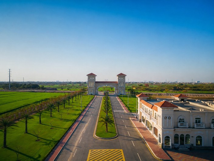 Aerial view of a MYM Developers residential community entrance